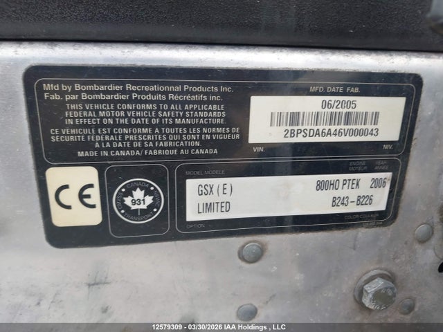 12579309 :رقم المزاد ، 2BPSDA6A46V000043 vin ، 2006 Skidoo Skidoo. مزاد بيع