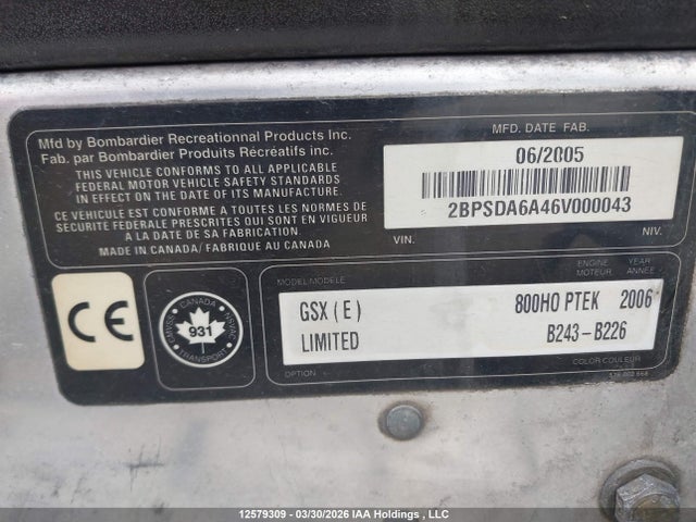 12579309 :رقم المزاد ، 2BPSDA6A46V000043 vin ، 2006 Skidoo Skidoo. مزاد بيع