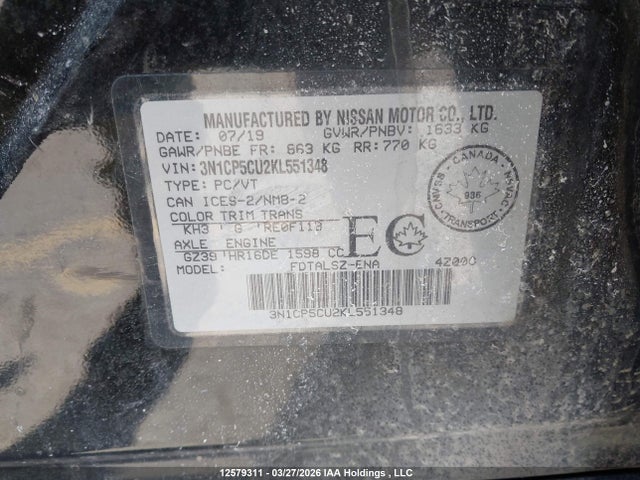 3N1CP5CU2KL551348 Nissan Kicks S/sr/sv
