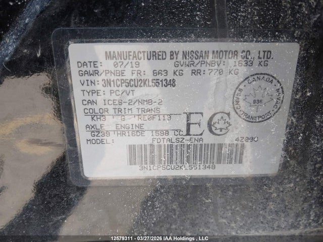 3N1CP5CU2KL551348 Nissan Kicks S/sr/sv