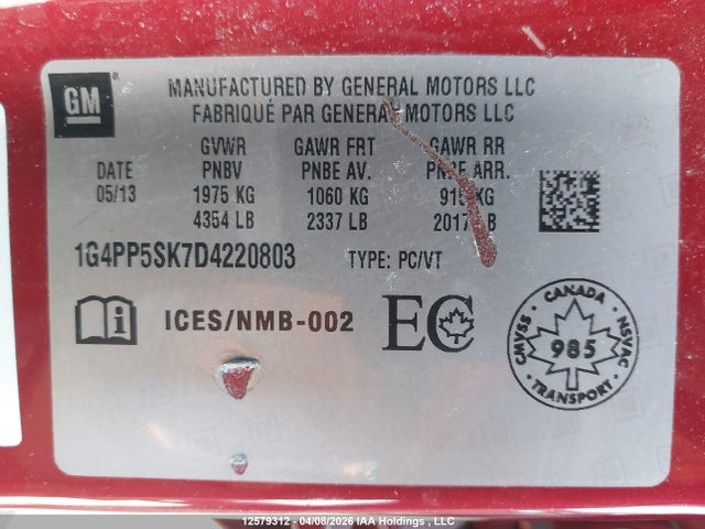 Aukcja sprzedaży 2013 Buick Verano, vin: 1G4PP5SK7D4220803, numer aukcji: 12579312