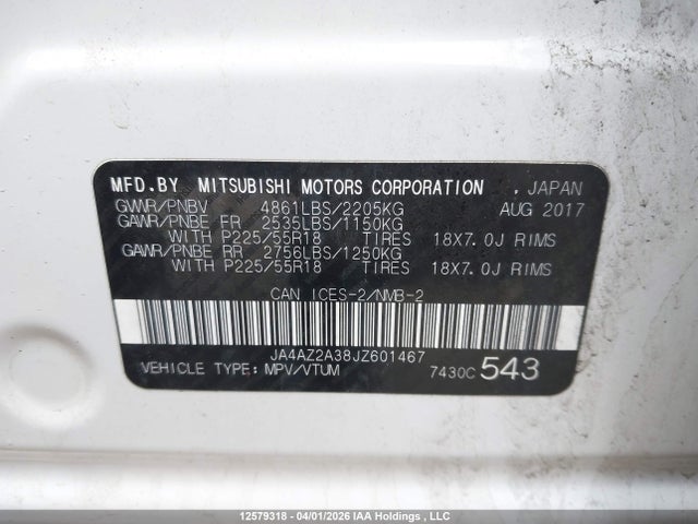 12579318 :رقم المزاد ، JA4AZ2A38JZ601467 vin ، 2018 Mitsubishi Outlander Es مزاد بيع