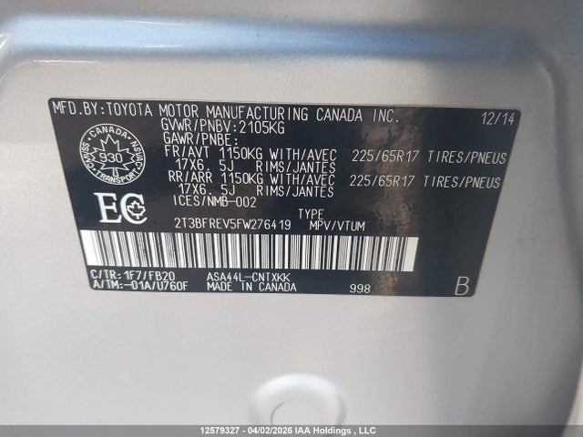 2T3BFREV5FW276419 Toyota RAV4 LE