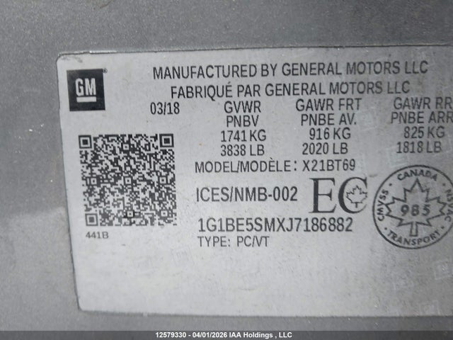 1G1BE5SMXJ7186882 Chevrolet Cruze
