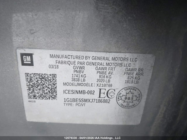 1G1BE5SMXJ7186882 Chevrolet Cruze