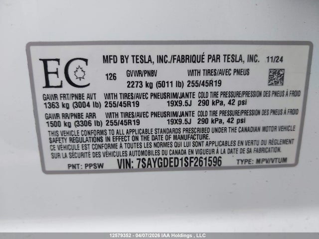 Aukcja sprzedaży 2025 Tesla Model Y Long Range, vin: 7SAYGDED1SF261596, numer aukcji: 12579352