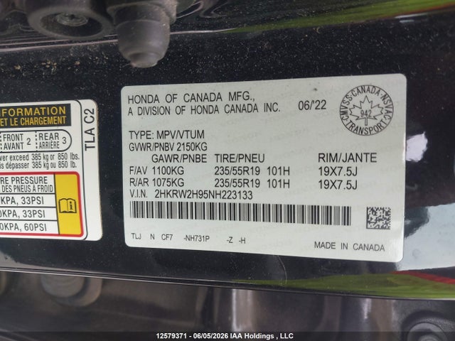 2HKRW2H95NH223133 Honda Cr-v Black Edition/touring