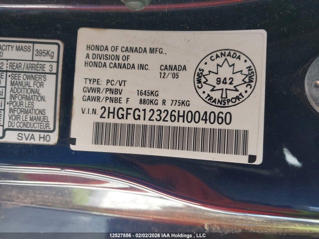 2006 Honda Civic Dx-g მანქანა იყიდება აუქციონზე, vin: 2HGFG12326H004060, აუქციონის ნომერი: 12527856