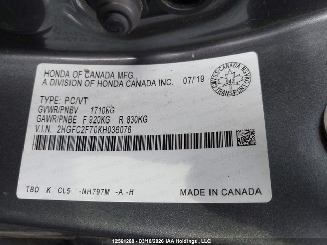 12561288 :رقم المزاد ، 2HGFC2F70KH036076 vin ، 2019 Honda Civic Ex 4dr مزاد بيع