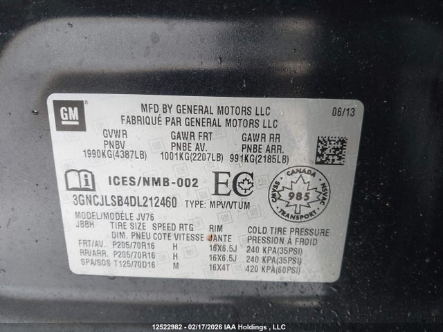 Продаж на аукціоні авто 2013 Chevrolet Trax 1lt, vin: 3GNCJLSB4DL212460, номер лоту: 12522982