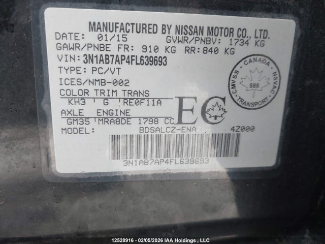 3N1AB7AP4FL639693 Nissan Sentra 1.8 S/1.8 Sl/1.8 Sr/1.8 Sv