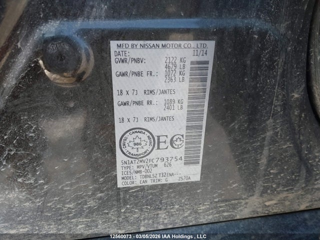 Продажа на аукционе авто 2015 Nissan Rogue S/sl/sv, vin: 5N1AT2MV2FC793754, номер лота: 12560073
