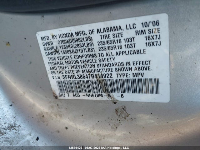 Aukcja sprzedaży 2007 Honda Odyssey, vin: 5FNRL38647B414922, numer aukcji: 12579426