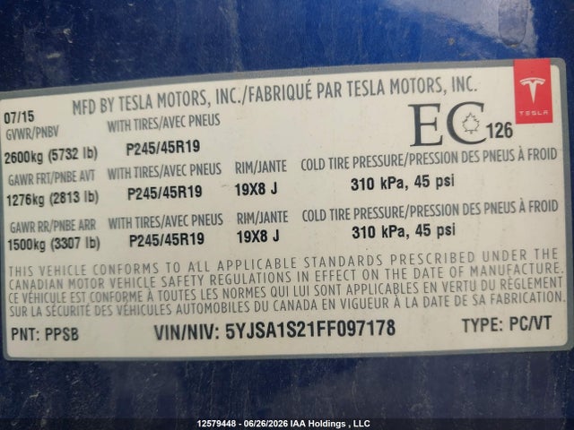 2015 Tesla Model S 70d მანქანა იყიდება აუქციონზე, vin: 5YJSA1S21FF097178, აუქციონის ნომერი: 12579448