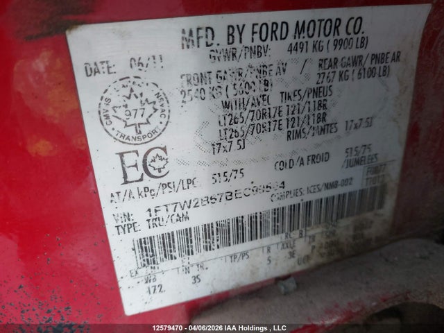 2011 Ford F-250 Xlt მანქანა იყიდება აუქციონზე, vin: 1FT7W2B67BEC99504, აუქციონის ნომერი: 12579470