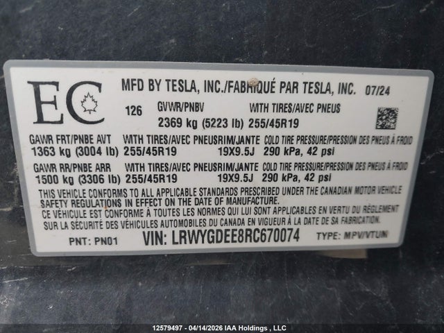 2024 Tesla Model Y Long Range მანქანა იყიდება აუქციონზე, vin: LRWYGDEE8RC670074, აუქციონის ნომერი: 12579497