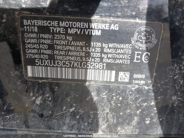 12579502 :رقم المزاد ، 5UXUJ3C57KLG52981 vin ، 2019 Bmw X4 Xdrive30i مزاد بيع