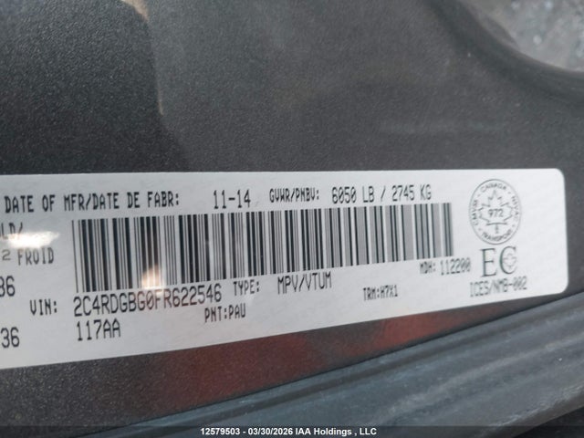 2015 Dodge Grand Caravan Se მანქანა იყიდება აუქციონზე, vin: 2C4RDGBG0FR622546, აუქციონის ნომერი: 12579503