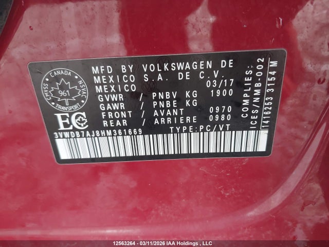 12563264 :رقم المزاد ، 3VWDB7AJ8HM361669 vin ، 2017 Volkswagen Jetta Wolfsburg Edition مزاد بيع