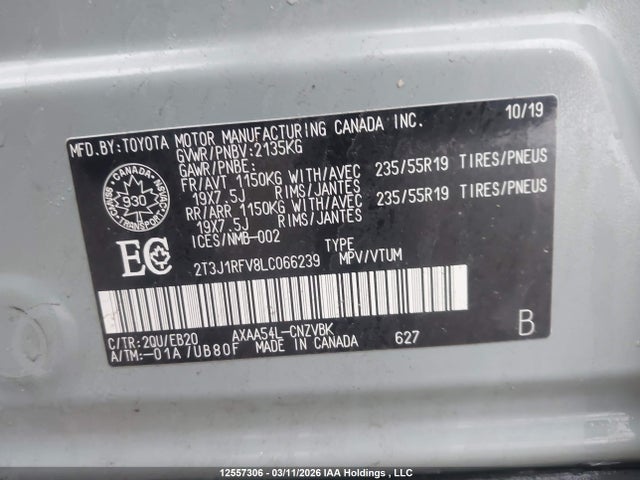 12557306 :رقم المزاد ، 2T3J1RFV8LC066239 vin ، 2020 Toyota Rav4 Trail مزاد بيع