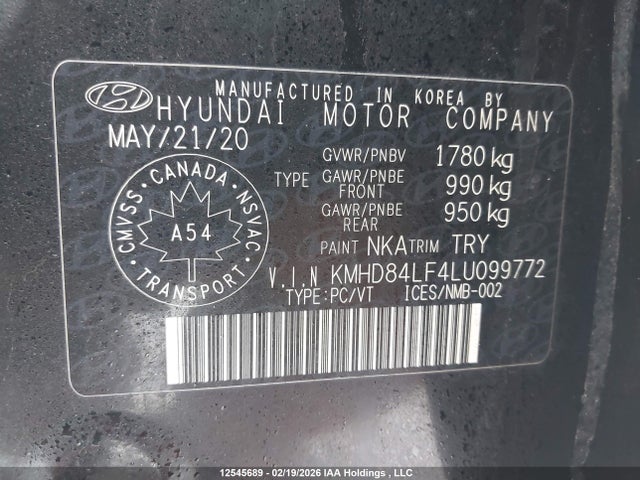 12545689 :رقم المزاد ، KMHD84LF4LU099772 vin ، 2020 Hyundai Elantra Preferred With Sun And Safety Package Auto Ivt مزاد بيع