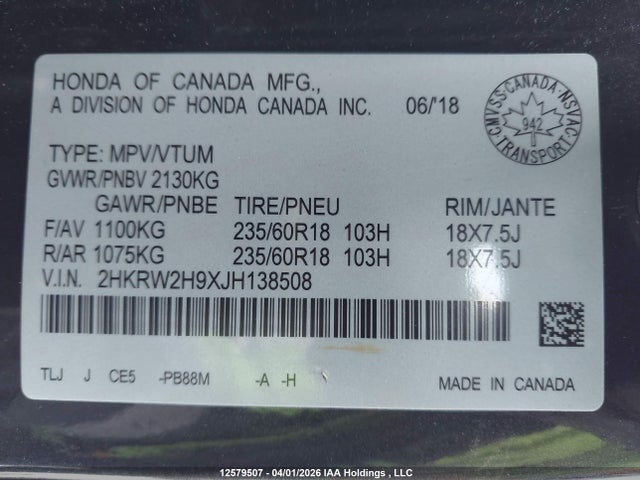 2HKRW2H9XJH138508 Honda Cr-v Touring