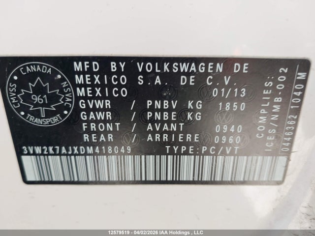 12579519 :رقم المزاد ، 3VW2K7AJXDM418049 vin ، 2013 Volkswagen Jetta مزاد بيع