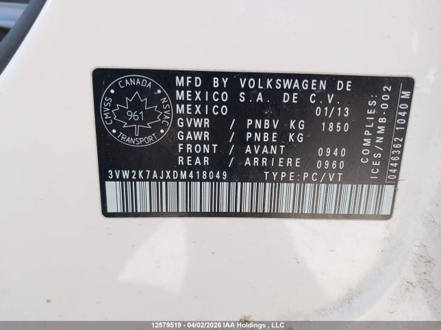 12579519 :رقم المزاد ، 3VW2K7AJXDM418049 vin ، 2013 Volkswagen Jetta مزاد بيع
