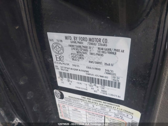 Aukcja sprzedaży 2009 Ford F-150 Fx4/king Ranch/lariat/platinum Package/xlt, vin: 1FTPW14V29FA10290, numer aukcji: 12579520