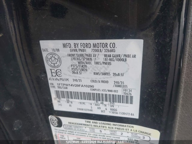 Aukcja sprzedaży 2009 Ford F-150 Fx4/king Ranch/lariat/platinum Package/xlt, vin: 1FTPW14V29FA10290, numer aukcji: 12579520