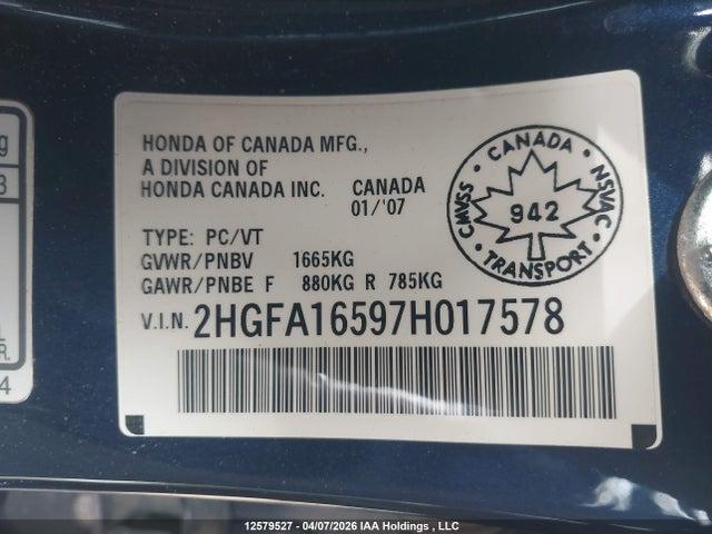 Aukcja sprzedaży 2007 Honda Civic Lx, vin: 2HGFA16597H017578, numer aukcji: 12579527