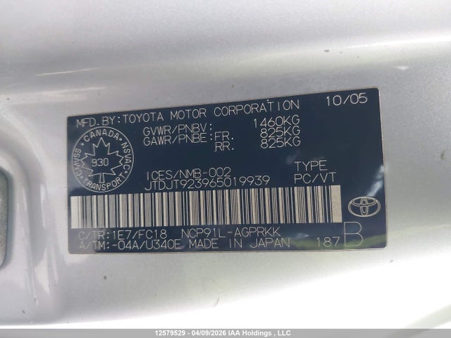2006 Toyota Yaris მანქანა იყიდება აუქციონზე, vin: JTDJT923965019939, აუქციონის ნომერი: 12579529