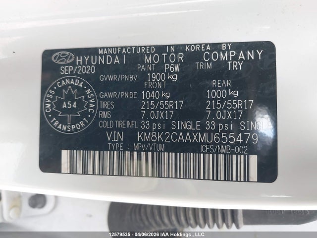 12579535 :رقم المزاد ، KM8K2CAAXMU655479 vin ، 2021 Hyundai Kona Preferred Awd مزاد بيع