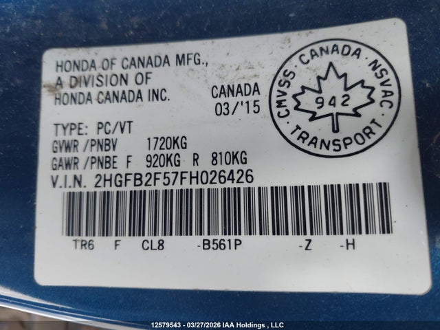 Honda Civic Lx 2015 2HGFB2F57FH026426 Image 9
