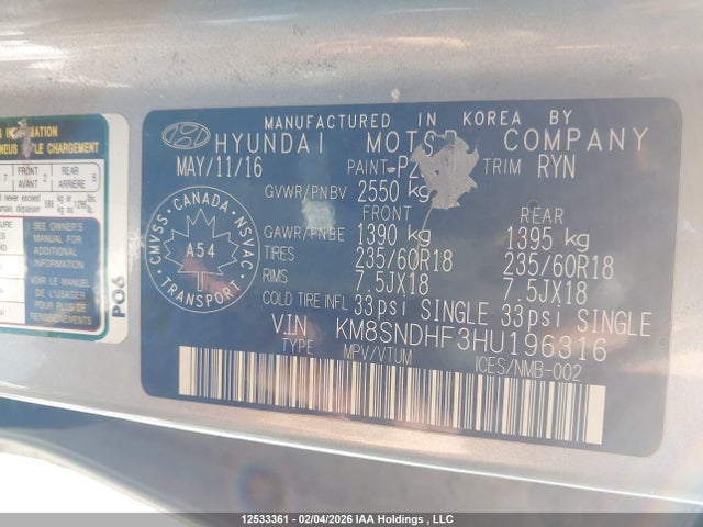 KM8SNDHF3HU196316 Hyundai Santa Fe Xl Premium