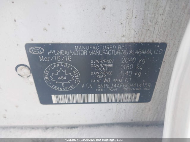 12561077 :رقم المزاد ، 5NPE34AF6GH414159 vin ، 2016 Hyundai Sonata Sport Tech مزاد بيع