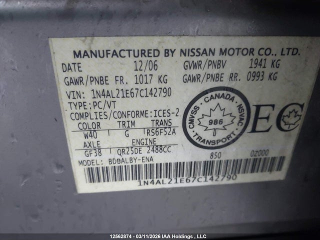 Продажа на аукционе авто 2007 Nissan Altima 2.5 S, vin: 1N4AL21E67C142790, номер лота: 12562874