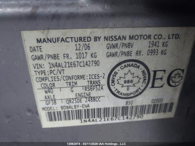 Продажа на аукционе авто 2007 Nissan Altima 2.5 S, vin: 1N4AL21E67C142790, номер лота: 12562874