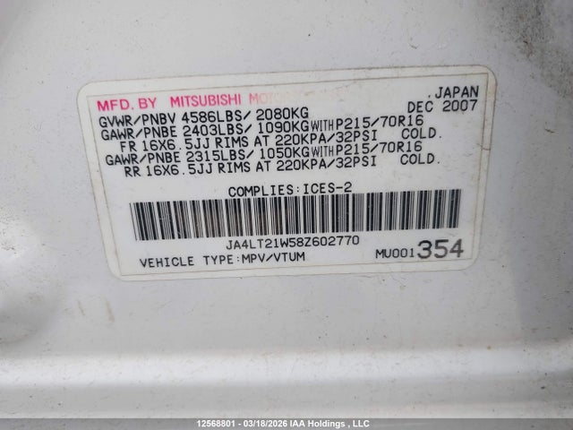 Aukcja sprzedaży 2008 Mitsubishi Outlander Es, vin: JA4LT21W58Z602770, numer aukcji: 12568801