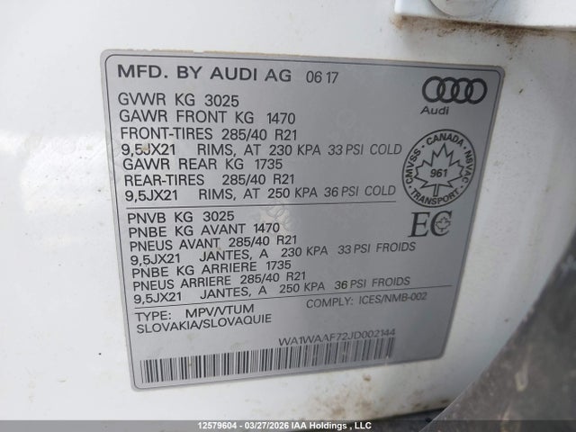Auction sale of the 2018 Audi Q7 Technik S-line, vin: WA1WAAF72JD002144, lot number: 12579604