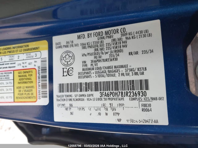 Aukcja sprzedaży 2018 Ford Fusion Se, vin: 3FA6P0H78JR236930, numer aukcji: 12555796