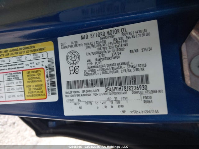 Aukcja sprzedaży 2018 Ford Fusion Se, vin: 3FA6P0H78JR236930, numer aukcji: 12555796