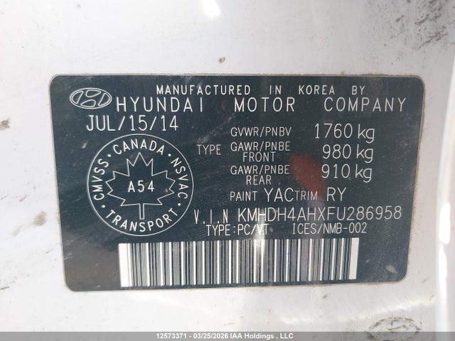 KMHDH4AHXFU286958 Hyundai Elantra Gls