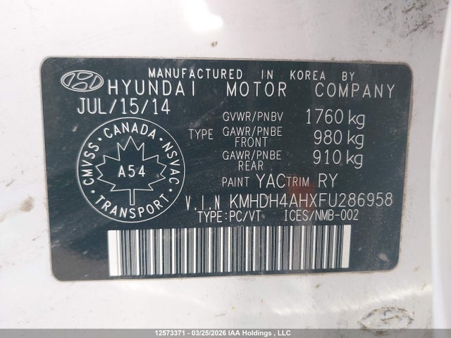KMHDH4AHXFU286958 Hyundai Elantra Gls