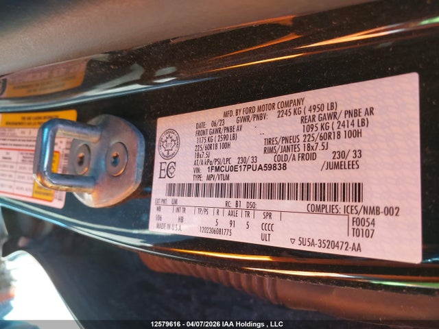 Продажа на аукционе авто 2023 Ford Escape, vin: 1FMCU0E17PUA59838, номер лота: 12579616