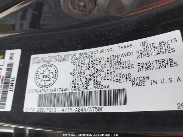 12579632 :رقم المزاد ، 5TFMU4FN1DX017449 vin ، 2013 Toyota Tacoma V6 مزاد بيع