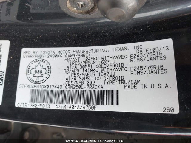 12579632 :رقم المزاد ، 5TFMU4FN1DX017449 vin ، 2013 Toyota Tacoma V6 مزاد بيع