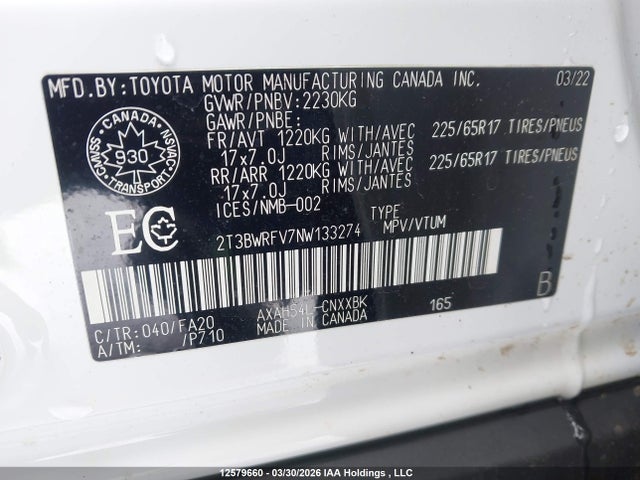 12579660 :رقم المزاد ، 2T3BWRFV7NW133274 vin ، 2022 Toyota Rav4 Hybrid مزاد بيع