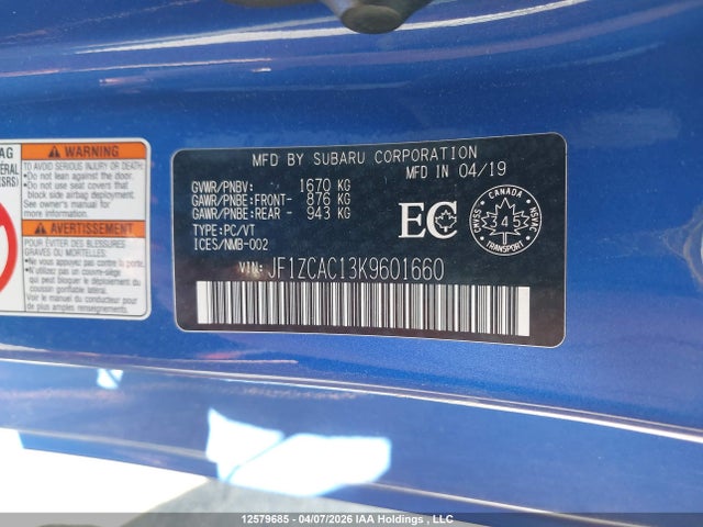 12579685 :رقم المزاد ، JF1ZCAC13K9601660 vin ، 2019 Subaru Brz Raiu Edition/sport-tech Rs مزاد بيع