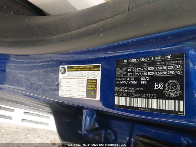 Aukcja sprzedaży 2021 Mercedes-benz Gle 450 4matic, vin: 4JGFB5KE2MA449170, numer aukcji: 12579743